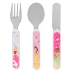 Disney Princess 3 Piece Cutlery Set – Metal, Reusable Children's Knife, Fork & Spoon, Kids-Size, Made from Food-Safe Stainless Steel & ABS Plastic – with Belle, Tiana & Aurora – for 12 Months & Up