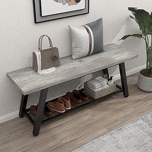 Oastreeful Grey Storage Bench Industrial Rustic Wooden and Metal Entryway Shoe Boots Storage Rack Long Bench Seat for Hallway Bedroom Rustic Farmhouse Style