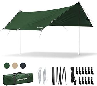 Bessport Tenda Parasole da Campeggio Tarp 4.6 x 3m, Con 2 Canne, PU 5000 Telone da Campeggio Ultra LeggeroImpermeabile, con 12 Corde del Vento, Telone per Campeggio, Picnic