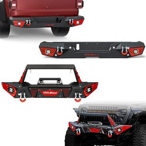 YITAMOTOR Front and Rear Bumpers Compatible with 2020-2025 Jeep Gladiator JT, Off Road Bumper w/2x Square LED Lights & Winch Plate & License Plate Bracket & Paintable Armor