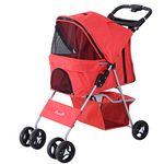 PawHut Dog Stroller, Foldable Pet Stroller for XS and Small Dogs and Cats, 4 Wheels Travel Carrier with Cup Holder, Storage Basket, 360° Wwiveling Front Wheels, Red