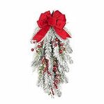 FLOROAD 30 inch Pre-lit Christmas Teardrop Swag, Decorated with Artificial Flocked Pine Branch Red Berry Wired Bowknot White LED Light, White Snowy Christmas Decoration for Front Door Outdoor