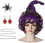 Purple and Black Wig with Spider Clip,Necklace,Earringsfor Women Halloween Cosplay Costume Anime Party Funny (Purple)