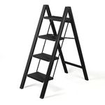 BOWEITI 4 Step Ladder Lightweight Folding Step Stool, Aluminum Portable Lightweight Ladder for Home and Office Use, Anti-Slip Pedal 330 Lbs Capacity Household Stepladder(Black)