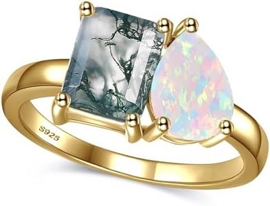 Yaresul 14K Gold Plated 6x8mm Moss Agate Ring & Pear Opal Ring Toi Et Moi Ring Promise Ring for her 925 Sterling Silver Women Engagement Ring Stackable Women Wedding Band Size 5-9, Sterling Silver,