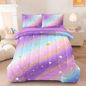 HICAND 5 Pcs Full Bedding Sets for Girls, Purple Glitter Rainbow Bed in A Bag Full Size Bed Set, Stars Galaxy Bedding Comforter Set for Girls