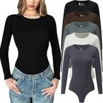 Chongbaijia 5 Pack Long Sleeve Bodysuit for Women Crew Neck Casual Stretchy Basic T Shirt Body Suits Tops