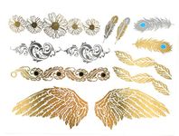 S.A.V.I 3D Temporary Tattoo Golden and Silver Metallic Sticker Wings Peacock Feathers Design Size 21x15cm - 1pc. (202), Gold, 13 g