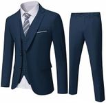 YND Men's Slim Fit 2 Button 3 Piece Suit Set, Solid Blazer Jacket Vest Pants & Tie, Deep Blue, Medium