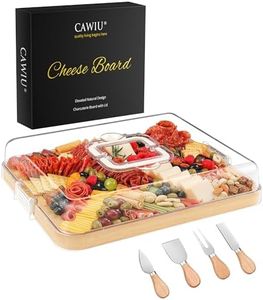 CAWIU Portable Travel Charcuterie Board with Lid and Handle - Large Bamboo Cheese Board with 4 Cheese Knife Set for Outdoor, Picnics - Weddings, House Warming Gift for Women (1 Compartment, White)