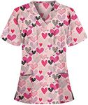 Valentines Scrubs for Women Sets Plus Size Spring Cute Heart Printed Scrubs Tops V-Neck Short Sleeve Nurse Shirt Funny Pattern Holiday Nursing Medical Uniform Workwear 03-Pink 3XL