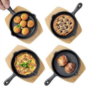 Navaris Mini sartenes de Hierro Fundido - 4X Sartén Hierro Fundido para Huevos Tortillas Pancakes Muffins - con Base de Madera - Apta para Horno y BBQ - ⌀ 15 cm