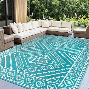 Capslpad Outdoor Rug for Patio 150x245cm Waterproof RV Camping Rug Reversible Plastic Straw Rug Portable Boho Picnic Carpet Rug for Patio Porch Backyard Beach Tent RV Camping Terrace Garden Decor,Blue, M16GM67