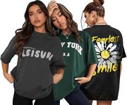 London Hills Cotton Blend Half Sleeve Women Oversized T-Shirts Multicolor Pack of 3 Dark Grey, Dark Green, Black