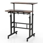 CASART Height Adjustable Rolling Computer Desk, 2-Tier Standing Desk with Wheels & Tilting Top, Home Office Computer Workstation Mobile Laptop Table for Bedroom Study Small Spaces (Brown)