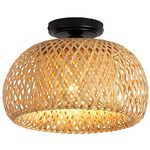 Bamboo Flush Mount Light Fixture Rustic Handmade Woven Semi Flush Mount Ceiling Light for Hallway Bedroom Kitchen Entryway Farmhouse, Black