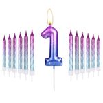 i-QiQi 1st Birthday Candles Purple Blue Gradient Candle with 12Pcs Gradient Spiral Candle for Number 1 Birthday Cake Toppers Birthday Party Wedding Anniversary Decorations