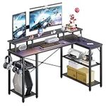 TREETALK Computer desk, 55" L-shaped Corner Desk with 2-Layer Storage on Both Sides,PC Laptop Table with Large Monitor Stand,Desk Lamp Stand, 2 PCS Hooks for Office Home (Black Carbon Fiber)