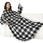 Winthome Blanket with Sleeves, Gift for Women Men Adult, Soft and Cozy Wearable Blanket with Elastic Cuffs, Hook and Loop Fastener (Black Plaid, 140x170cm)