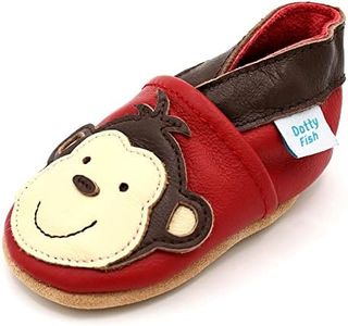 Dotty Fish Soft Sole Leather Baby Shoes Boys pre-Walkers. Red with Cheeky Monkey. 6-12 Months.