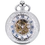 ManChDa Mechanical Pocket Watch, for Men Women Special Magnifier Half Hunter Double Open Engraved Case Roman Numerals with Chain + Box Silver, 1-2.Siler Single Open