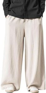 Flygo Mens Linen Pants Casual Cotton Wide Leg Yoga Beach Pants Summer Elastic Waist Baggy Palazzo Trousers(Beige-XS)