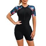 Women's Short Sleeve One-Piece Swimsuit with Tropical Floral Print, Zipper Front Padded Push Up Slim Fit Rash Guard Bathing Suit Beachwear Swimwear Unitard Legsuit Swimming Costume Blue Red Flower L