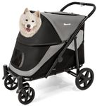 Dog Stroller for Medium/Large Dogs One-Click Folding 4 Wheel Pet Stroller Foldable Dog Stroller for 2 Dogs Jogger Stroller with Storage Pocket Suitable for Pets Up to 110LBS (Black&Grey)