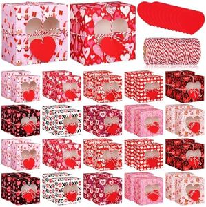 Skyygemm 100 Pcs Valentine's Day Bakery Treat Boxes Valentines Cupcake Boxes Valentines Goodie Boxes with Heart Window Bakery Take Out Containers with Tags and Rope for Doughnut Cookie Candy Dessert