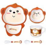 HS ENTERPRISE Bamboo Baby Tableware Set, Eco Friendly Bamboo Fiber Dinner Set for Weaning Toddlers/Kids, Set of Plate Bowl Cup Fork and Spoon/Baby Feeding Utensils for Kids and Toddlers (Monkey)