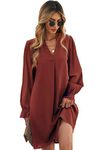 Women's V Neck Tunic Dress Summer T Shirt Casual Mini Dress Puff Half/Long Sleeve Flare Work Dresses Brown XXL [Long Sleeve]