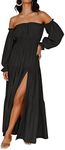 ZESICA Women's 2023 Boho Sexy Off Shoulder Long Sleeve Smocked High Waist Side Split Flowy A Line Tiered Long Maxi Dress,DarkBlack,Large