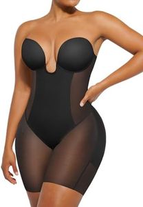 SHAPELLX Backless Shapewear Push Up Bra Black Tummy Control Bodysuit for Women Strapless Mid Thigh Body Shaper S+