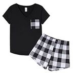 MyFav Women's Pyjama Short Sets Summer Short Sleeve Cute Avocado Printed Shirt and Shorts Sleepwear 2 Piece Pjs Set,Black Plaid,M