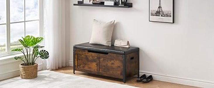 SLEKVERSA Storage Chest with Metal Frame, Storage Bench with Safety Hinge, Farmhouse Style Wooden Toy Chest, Storage Ottoman Bench for Entryway, Bedroom, Living Room