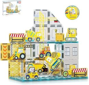 PicassoTiles Magnet Tile Building Block Set with 8 Construction Vehicles Crank Truck, Excavator, Bullsdozer, Road Roller, Concrete Mixer, Tractor, Dump Truck, & Forklift Magnetic Toy Kid Ages 3+ PTQ11