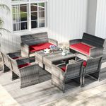 KOTEK 8 Pieces Patio Furniture Set, Wicker Patio Set with Cushions & Tempered Glass Coffee Table, Outdoor PE Rattan Conversation Set for Backyard, Poolside, Porch (Red)