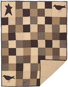 VHC Brands Kettle Grove Crow and Star Cotton Primitive Decor Rod Pocket Pre-Washed Appliqued Throw, 60x50, Patchwork