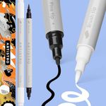 ARTISTRO 2 Black&White Acrylic Paint Pens, Acrylic Paint Markers Dual Tip (Brush + Fine 1 mm), Acrylic Markers for Fabric, Canvas, Rock, Glass, Wood, Paper, DYI, Paint Markers for Kids and Adults