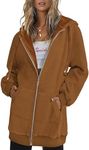 Zeagoo Women Oversized Hoodies Long Fleece Zip Up Tunic Sweatshirt With Pockets,Light Brown,3X-Large