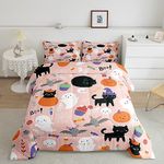 Feelyou Skull Ghost Printed Comforter Set for Kids Boys Girls Cute Cat Ghost Comforter Twin Size Happy Halloween Bedding Set Bedroom Decor Pumpkin Cobweb Pink Duvet Set Quilt Set 2Pcs