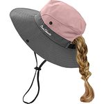 ZEXIAN 5-12Y Kids Girls Ponytail Summer Sun Hat Wide Brim UV Protection Bucket Beach Cap (Pink)