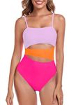 RELLECIGA Women's Purple+Orange+Hot Pink Geometric Cutout Bathing Suits Adjustable Straps Bandeau One Piece Swimsuit for Women Size Large