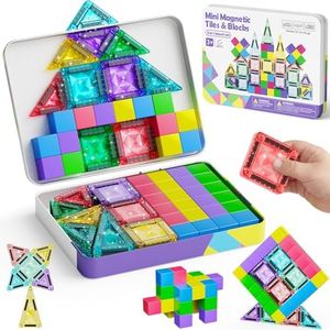 burgkidz Mini Magnetic Tiles Travel Set - 48 PCS 3-in-1 Diamond Tin Box Magnetic Blocks for Kids Ages 3-8, 60-Min Quiet Focus with 45-Second Cleanup, Perfect for Air Travel & Car Trips Boys & Girls
