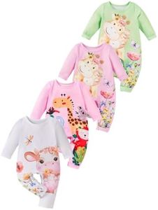 MOSSRIVER Baby Boy Romper Baby Girl Outfits 4 Pack Long Sleeve Bodysuit Snap Crotch Closure Cute Graphic Romper Toddler Boys Fall Clothes(Giraffe 02,9-12 Months)