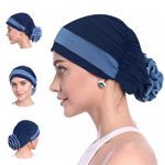 PALAY® Women Hair Wrap Head Wrap Grey Flower Hair Wrap Cap Turban Cap Slouchy Chemo Cap Head Wrap Hat for Women Sleep Hat Headwear, Navy