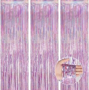 OFFCUP Tende Metalliche Feste, 3PCS Tenda Sfondo Scintillante, 1 x 2m Foil Tenda a Frange Tende Orpello Tinsel Foil Tende Tenda luccicante per Decorazioni Compleanno, Matrimonio, Baby Shower, Rosa