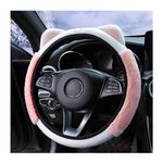 Bittwee Car Steering Wheel Cover, Fluffy Soft Plush for Winter Warm, Cute Steering Wheel Protector with Kitty Cat Ears, Universal 15 Inch, Elastic & Anti-Slip, Lovely Decor Car Accessories (Pink)