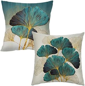 Throw Pillow Cover Green Plant Leaves - 18 x 18 Inch Teal Pillow Cushion Cover - Set of 2 Turquoise Ginkgo Leaf Cushion Case, Great for Sofa, Bedroom, Yard, Living Room Decor