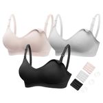 HOFISH Women's Maternity Nursing Bras Seamless 3 Pack Deep V Neck Push Up Bra for Breastfeeding with Extenders & Clips(BlackGreyElegantPink,M)